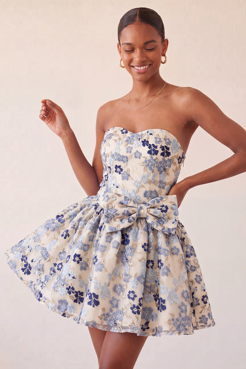 Dusty Blue Strapless Jacquard A-Line Short Homecoming Dress with Bow
