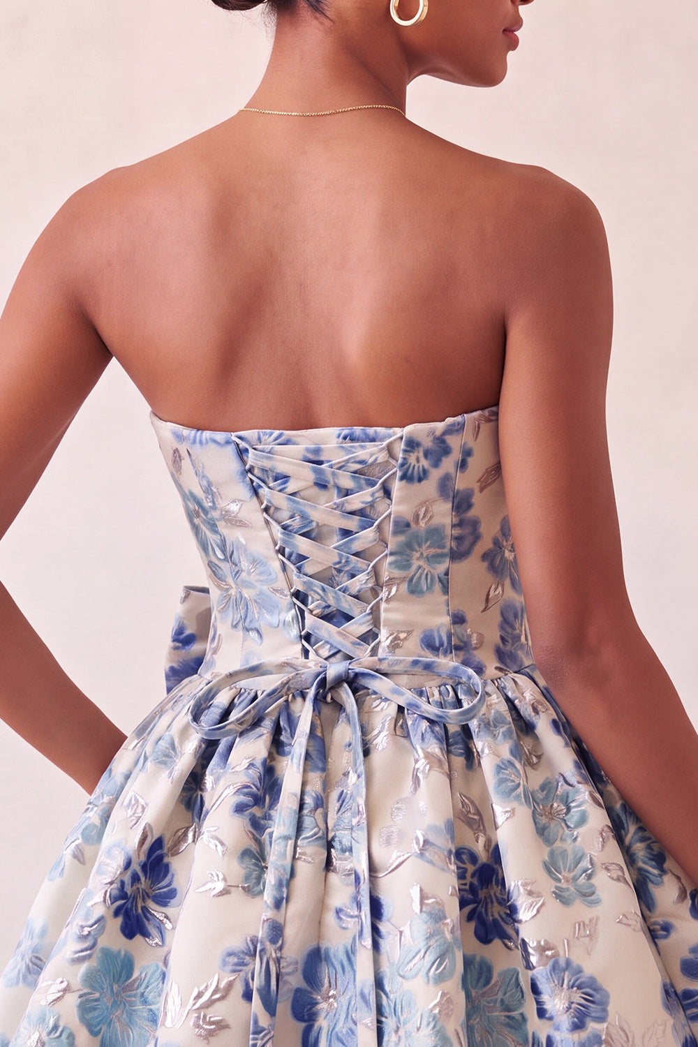 Dusty Blue Strapless Jacquard A-Line Short Homecoming Dress with Bow