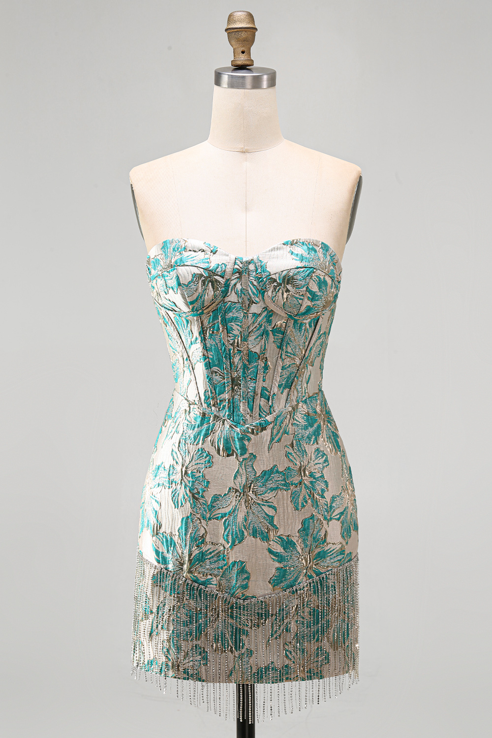 Champagne Jacquard Tight Corset Short Homecoming Dress with Fringes