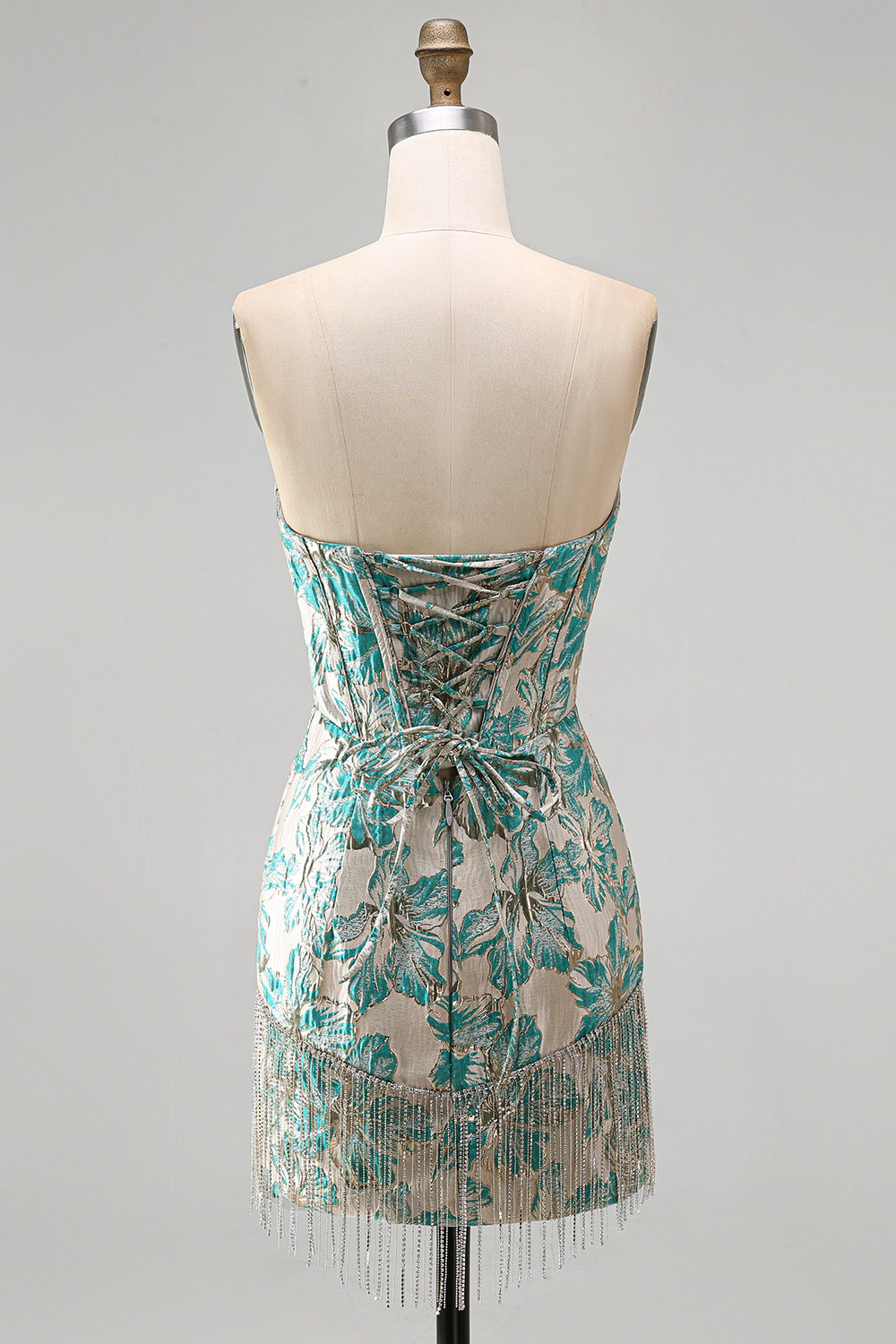 Champagne Jacquard Tight Corset Short Homecoming Dress with Fringes