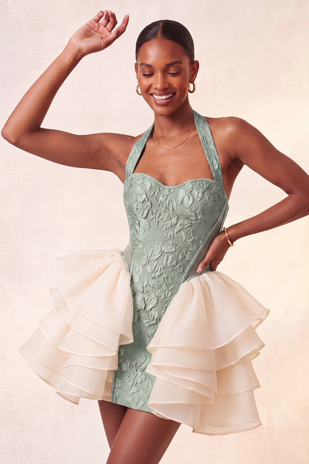 Yellow Jacquard Halter Tight Ruffled Short Homecoming Dress