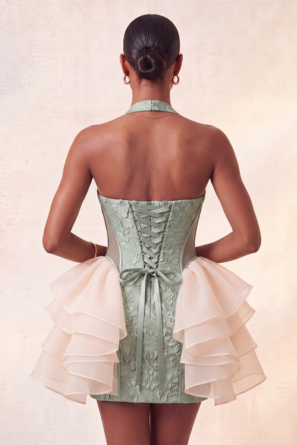Yellow Jacquard Halter Tight Ruffled Short Homecoming Dress