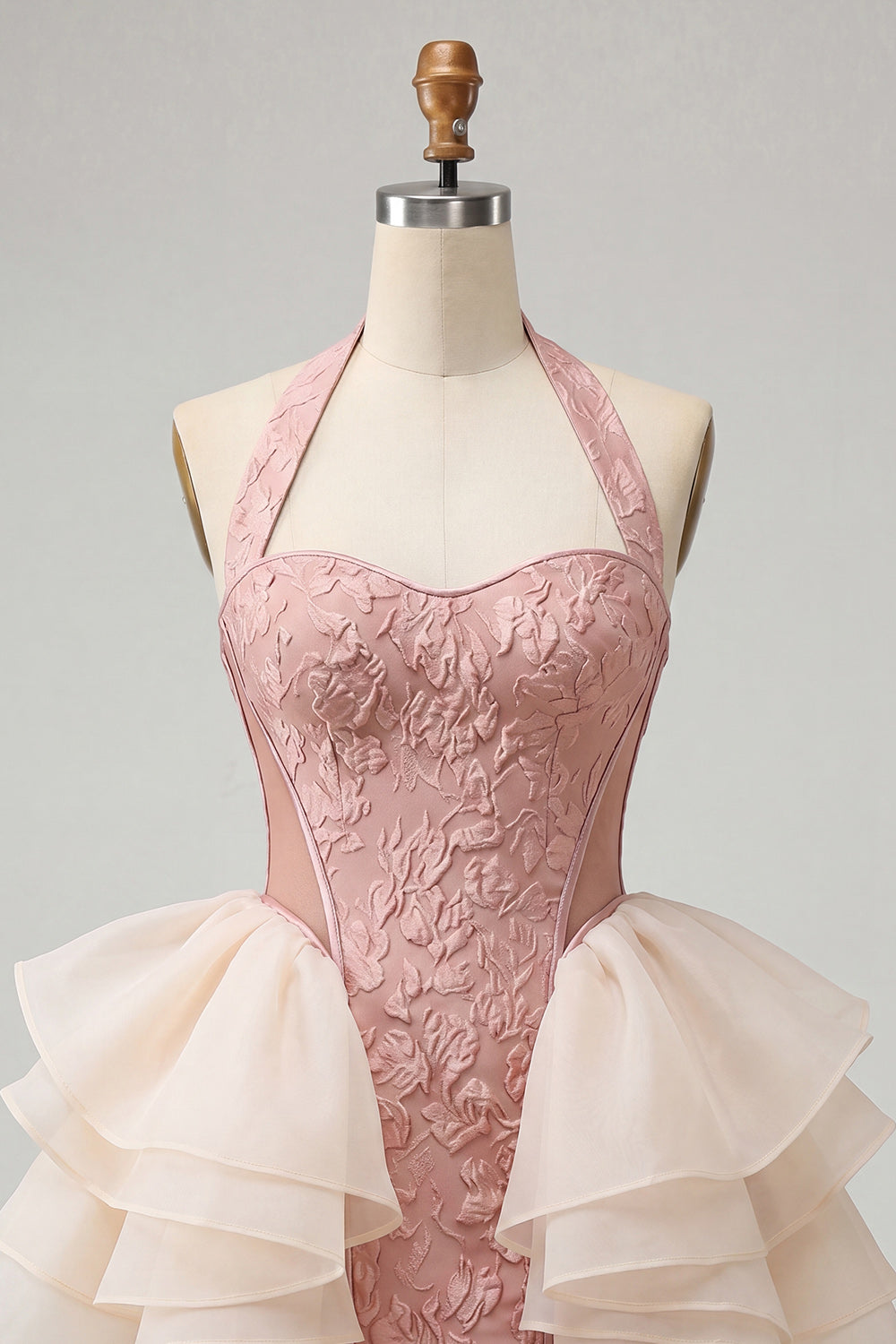 Yellow Jacquard Halter Tight Ruffled Short Homecoming Dress