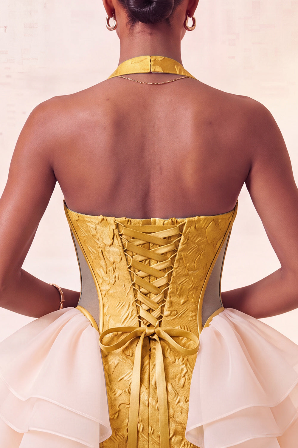 Yellow Jacquard Halter Tight Ruffled Short Homecoming Dress