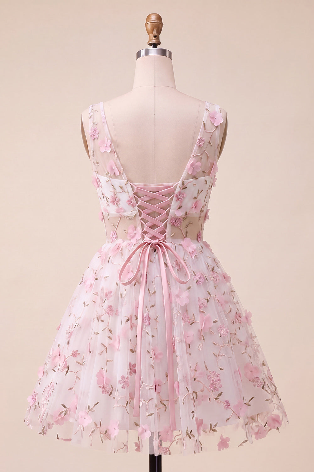Blush A-Line V-Neck Short Homecoming Dress with 3D Flowers