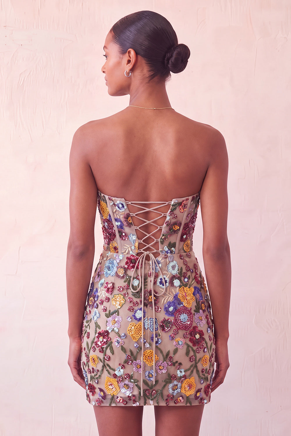 Sparkly Floral Pink Sequin Tight Short Corset Homecoming Dress