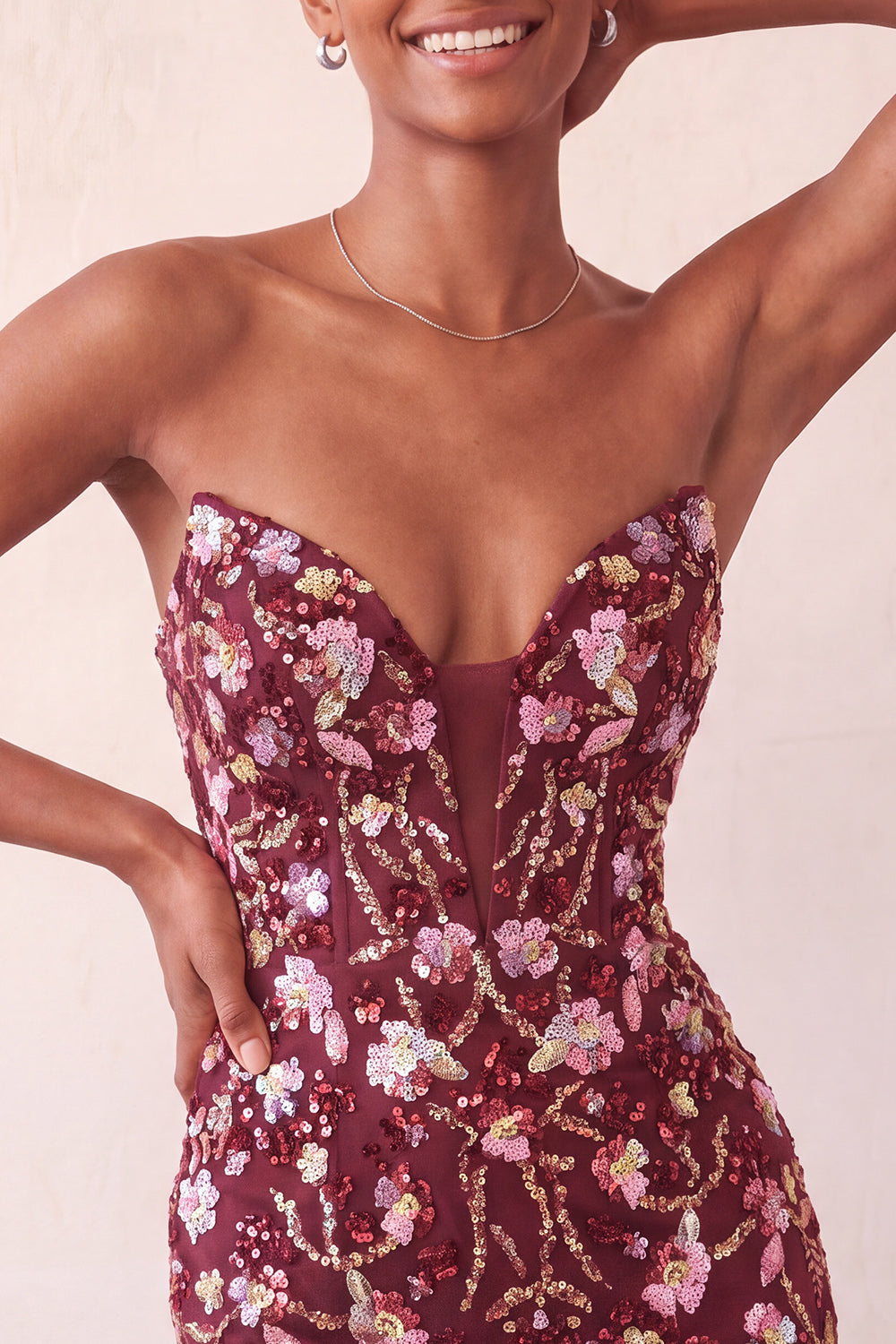 Sparkly Floral Pink Sequin Tight Short Corset Homecoming Dress