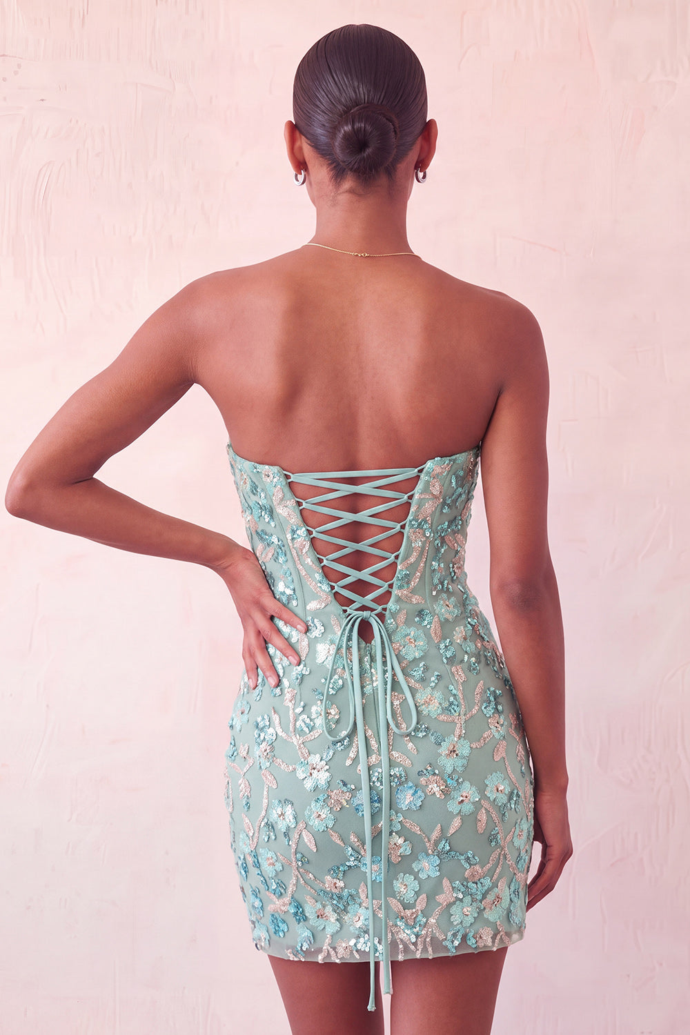 Sparkly Floral Pink Sequin Tight Short Corset Homecoming Dress