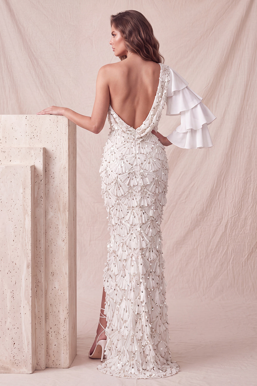 Sparkly Floral Light Grey Mermaid Flutter Sleeve Long Formal Dress with Slit