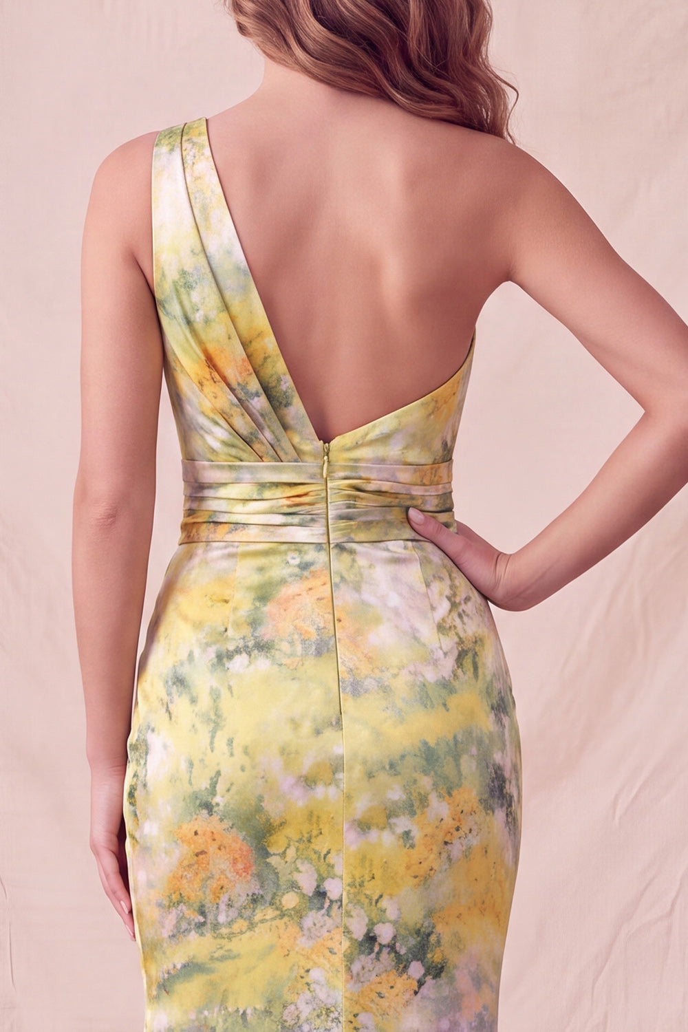 Yellow Floral One Shoulder Mermaid Ruched Long Formal Dress with Slit