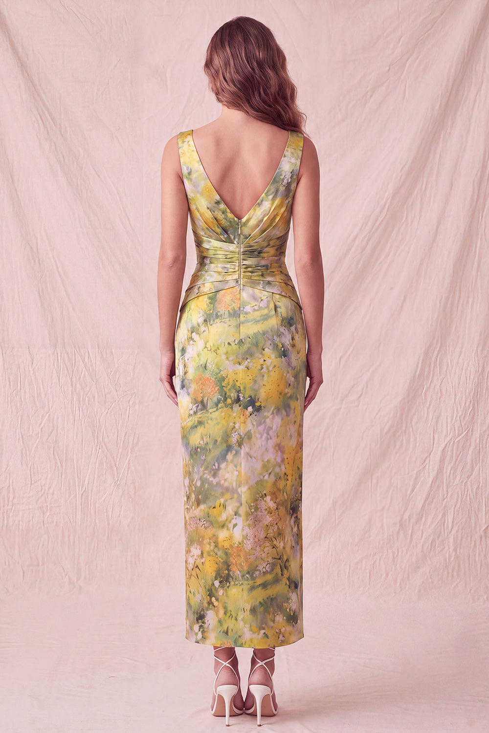 Yellow Floral Ruched Sheath Long Formal Dress