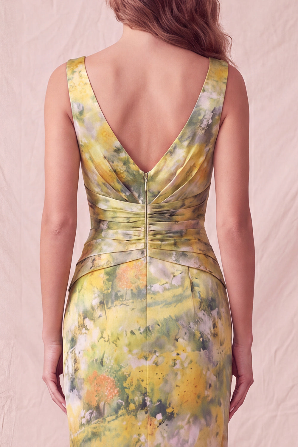 Yellow Floral Ruched Sheath Long Formal Dress