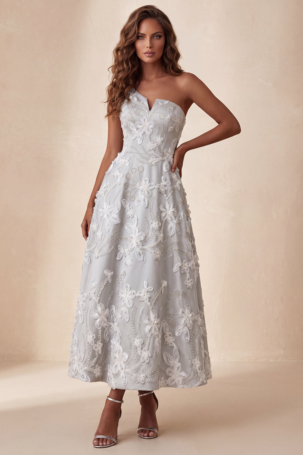 Sparkly A-Line Light Grey Floral Beaded Long Formal Dress