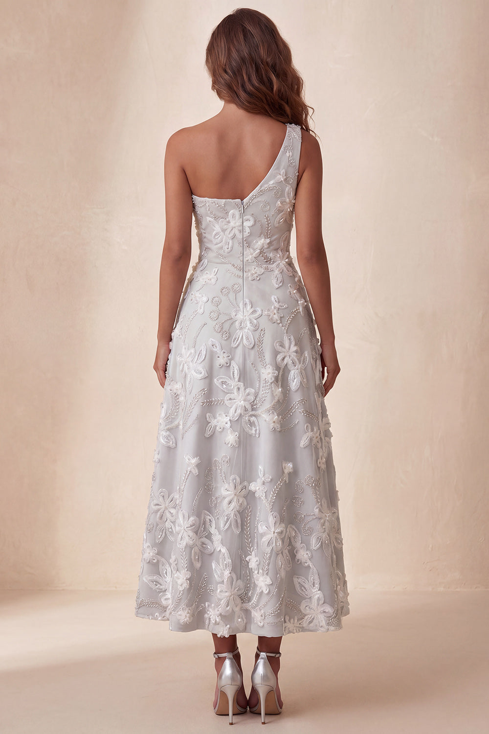 Sparkly A-Line Light Grey Floral Beaded Long Formal Dress