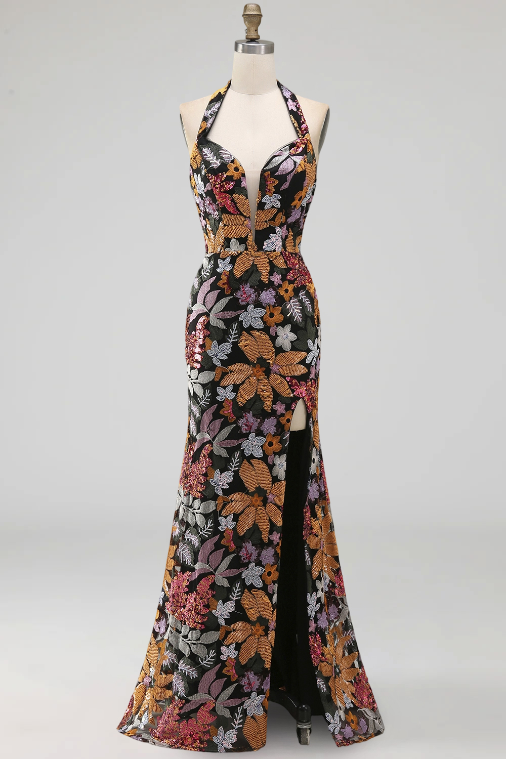Sparkly Floral Black Sequin Halter Mermaid Long Formal Dress with Slit
