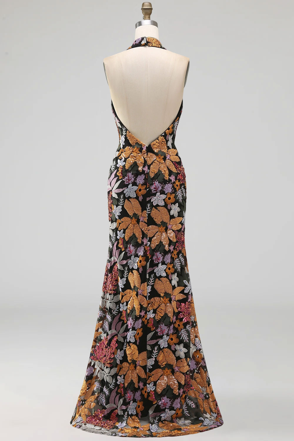 Sparkly Floral Black Sequin Halter Mermaid Long Formal Dress with Slit