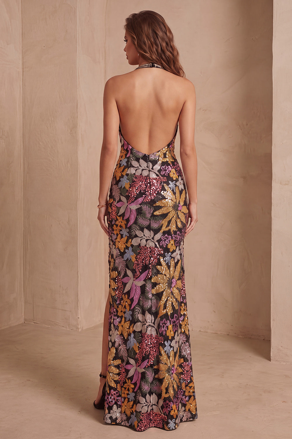 Sparkly Floral Black Sequin Halter Mermaid Long Formal Dress with Slit