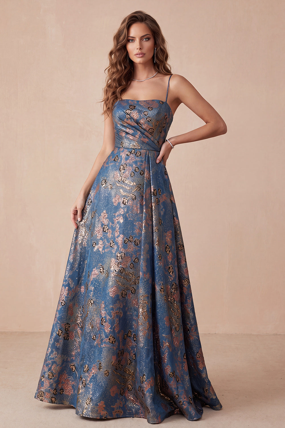 Navy Floral A-Line Spaghetti Straps Long Formal Dress