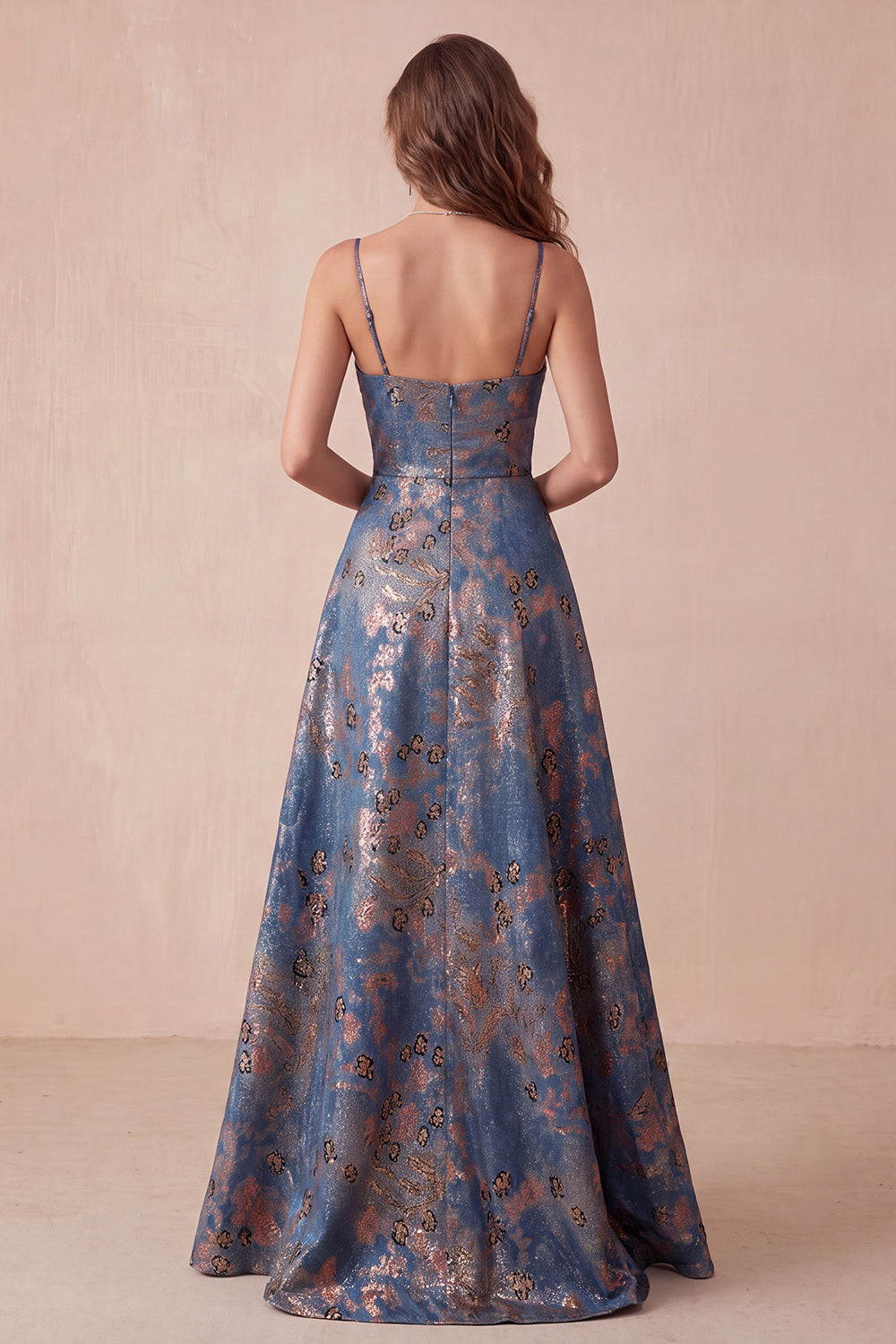 Navy Floral A-Line Spaghetti Straps Long Formal Dress