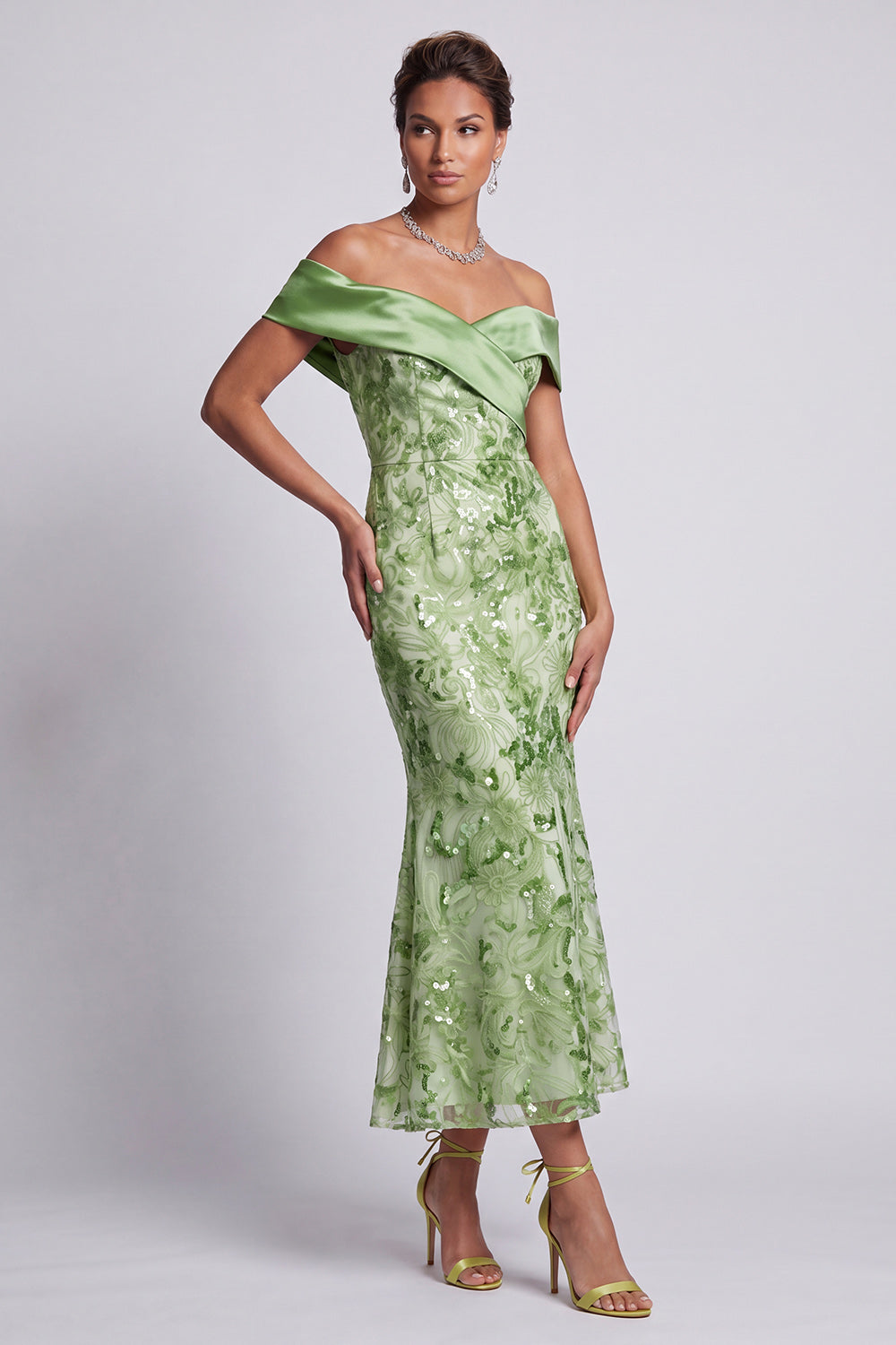 Floral Sparkly Green Long Mermaid Sequin Mother of the Bride Dress
