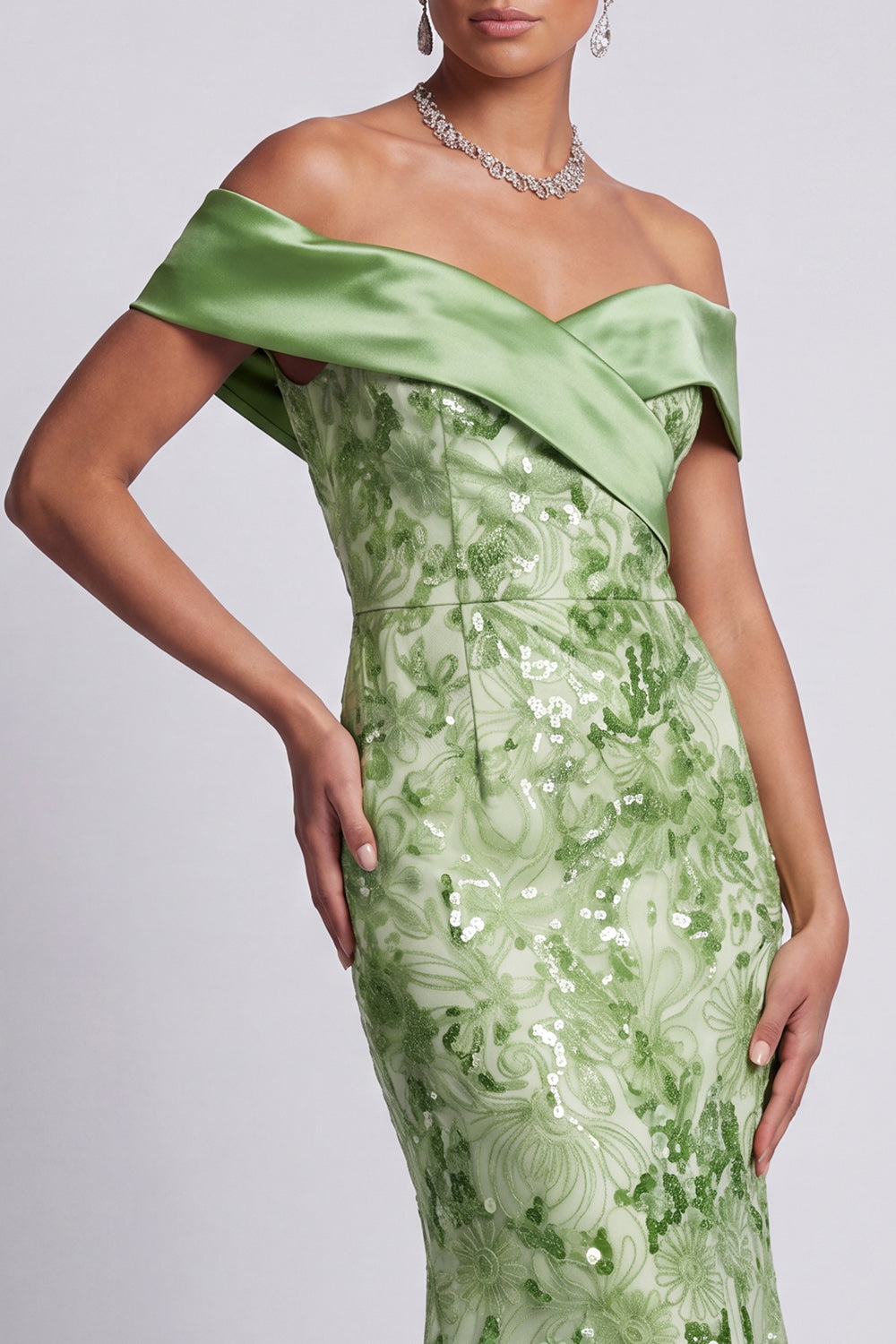 Floral Sparkly Green Long Mermaid Sequin Mother of the Bride Dress