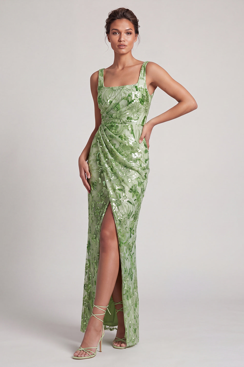 Mermaid Floral Long Sparkly Green Sequin Mother of the Bride Dress with Slit