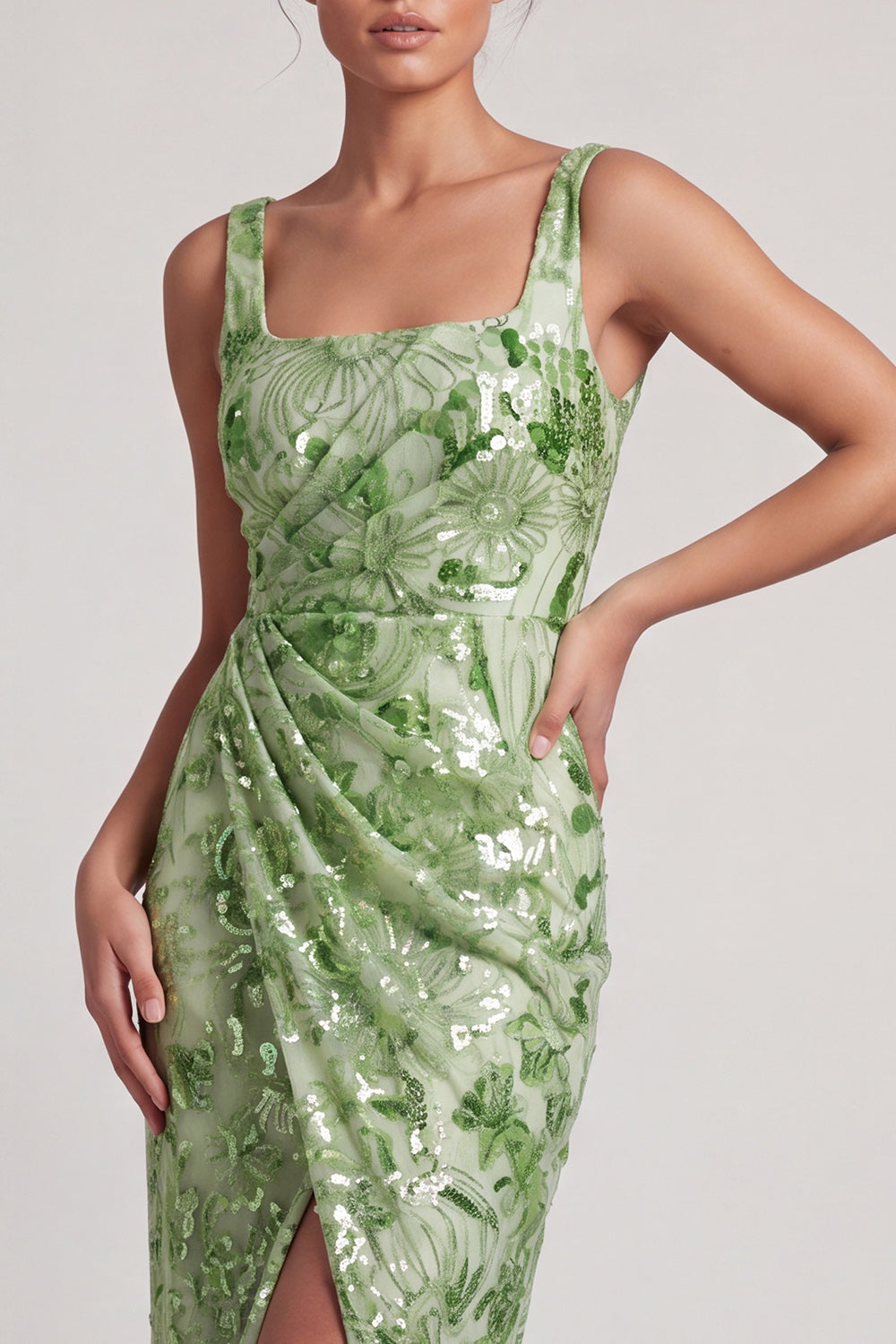 Mermaid Floral Long Sparkly Green Sequin Mother of the Bride Dress with Slit