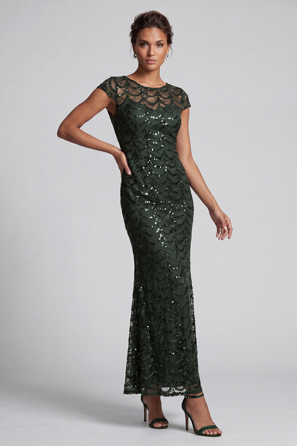 Long Sparkly Olive Boat Neck Mermaid Sequin Mother of the Bride Dress