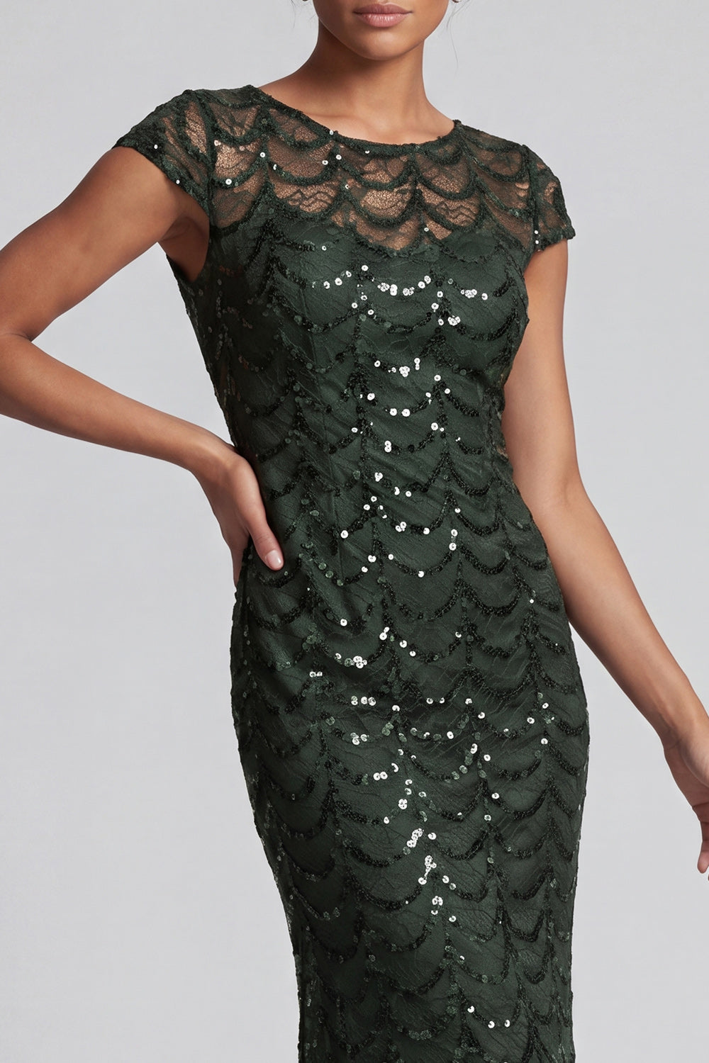 Long Sparkly Olive Boat Neck Mermaid Sequin Mother of the Bride Dress
