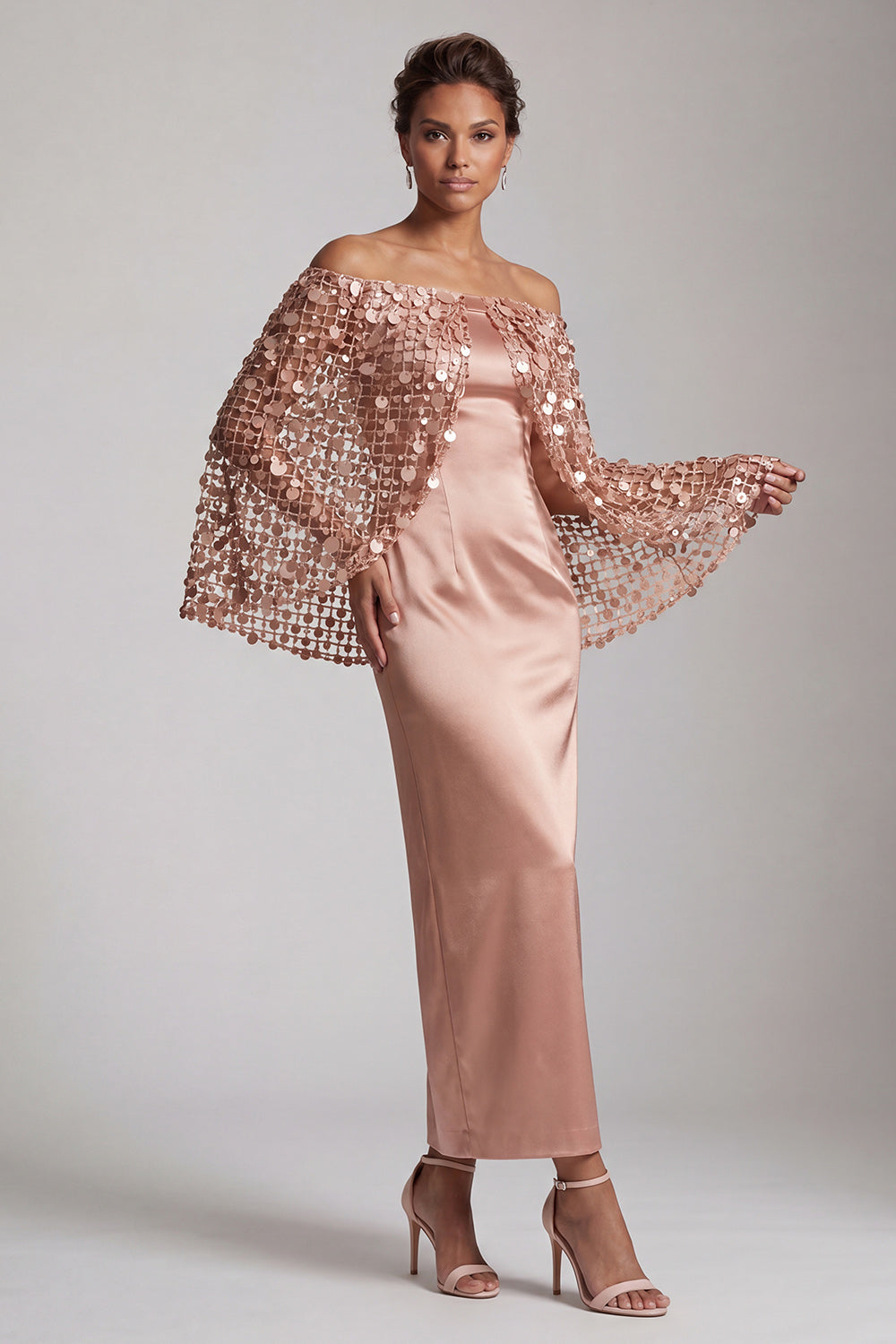 Sheath Sparkly Dusty Rose Sequin Long Mother of the Bride Dress with Cape