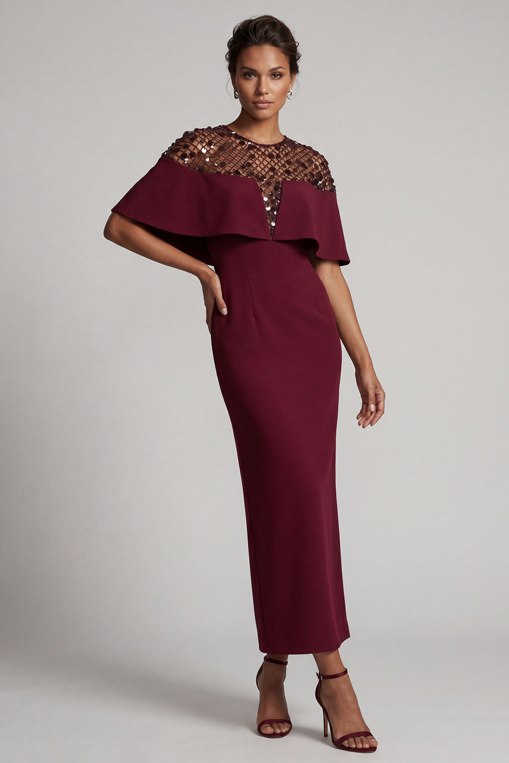 Long Sheath Sequin Sparkly Dusty Rose Mother of the Bride Dress with Cape