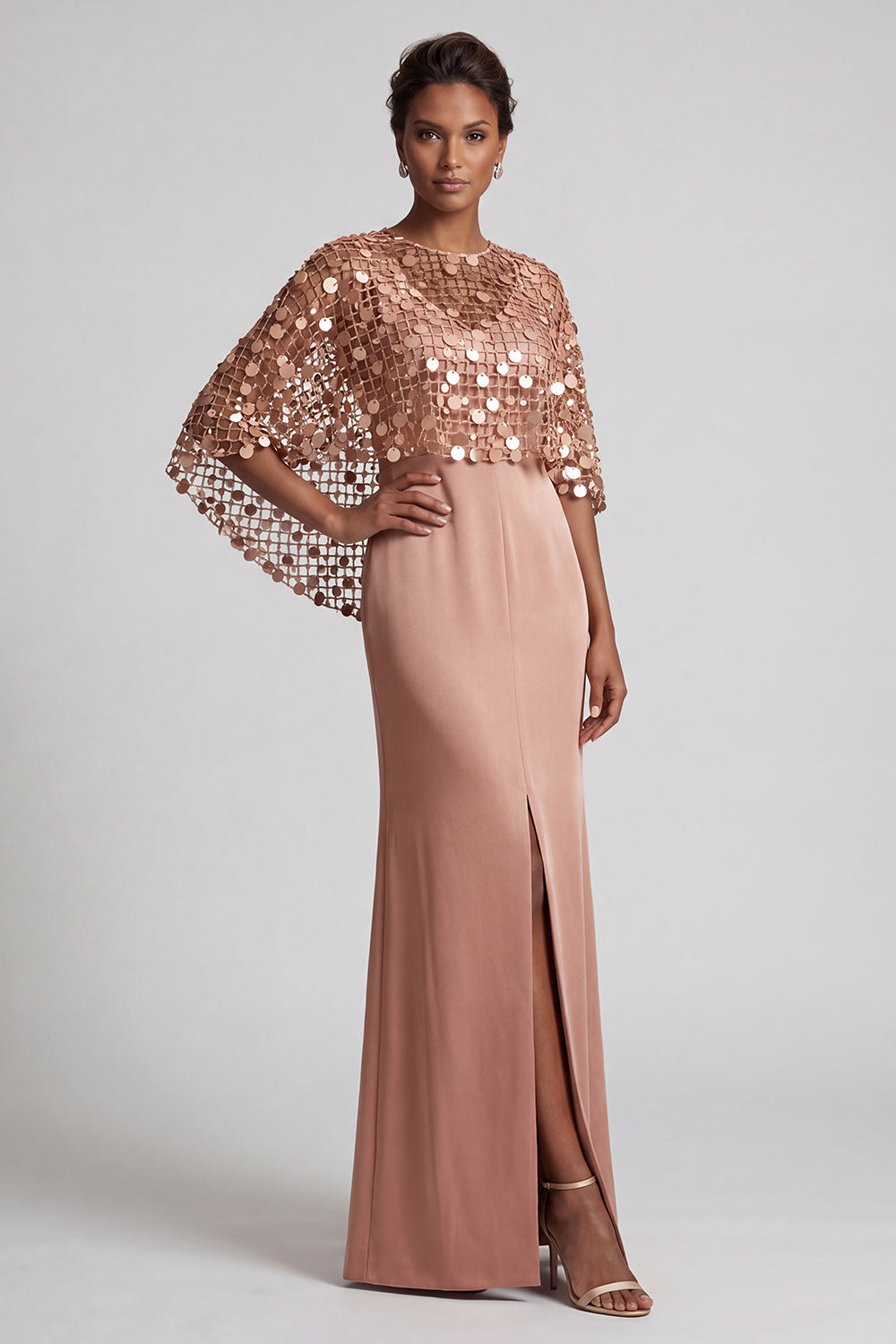 Mermaid Sequin Sparkly Pink Long Mother of the Bride Dress with Cape