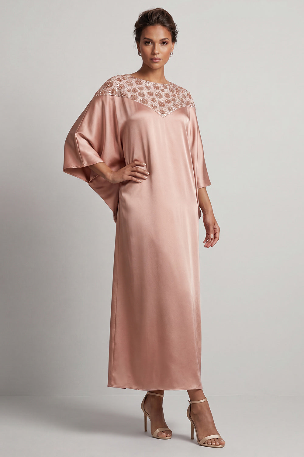 Sequin Long Sparkly Pink Sheath Boat Neck Mother of the Bride Dress