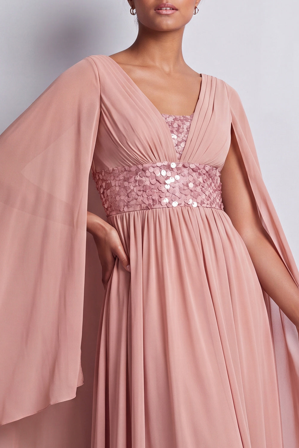 Beaded Long Sparkly Pink A Line V-Neck Mother of the Bride Dress with Cape