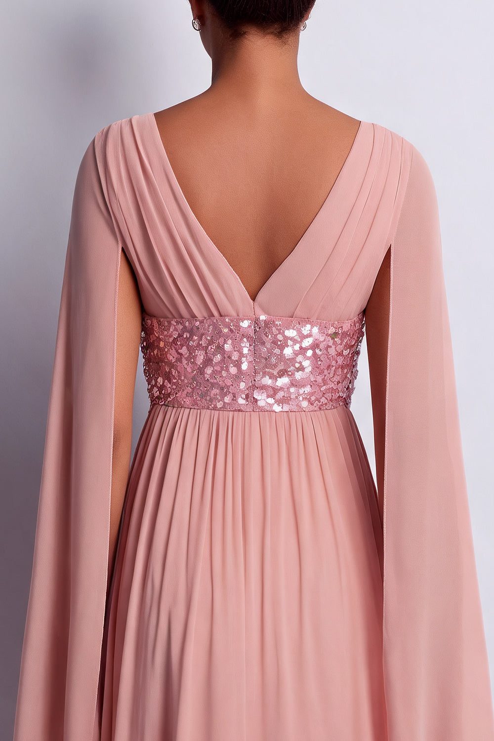 Beaded Long Sparkly Pink A Line V-Neck Mother of the Bride Dress with Cape
