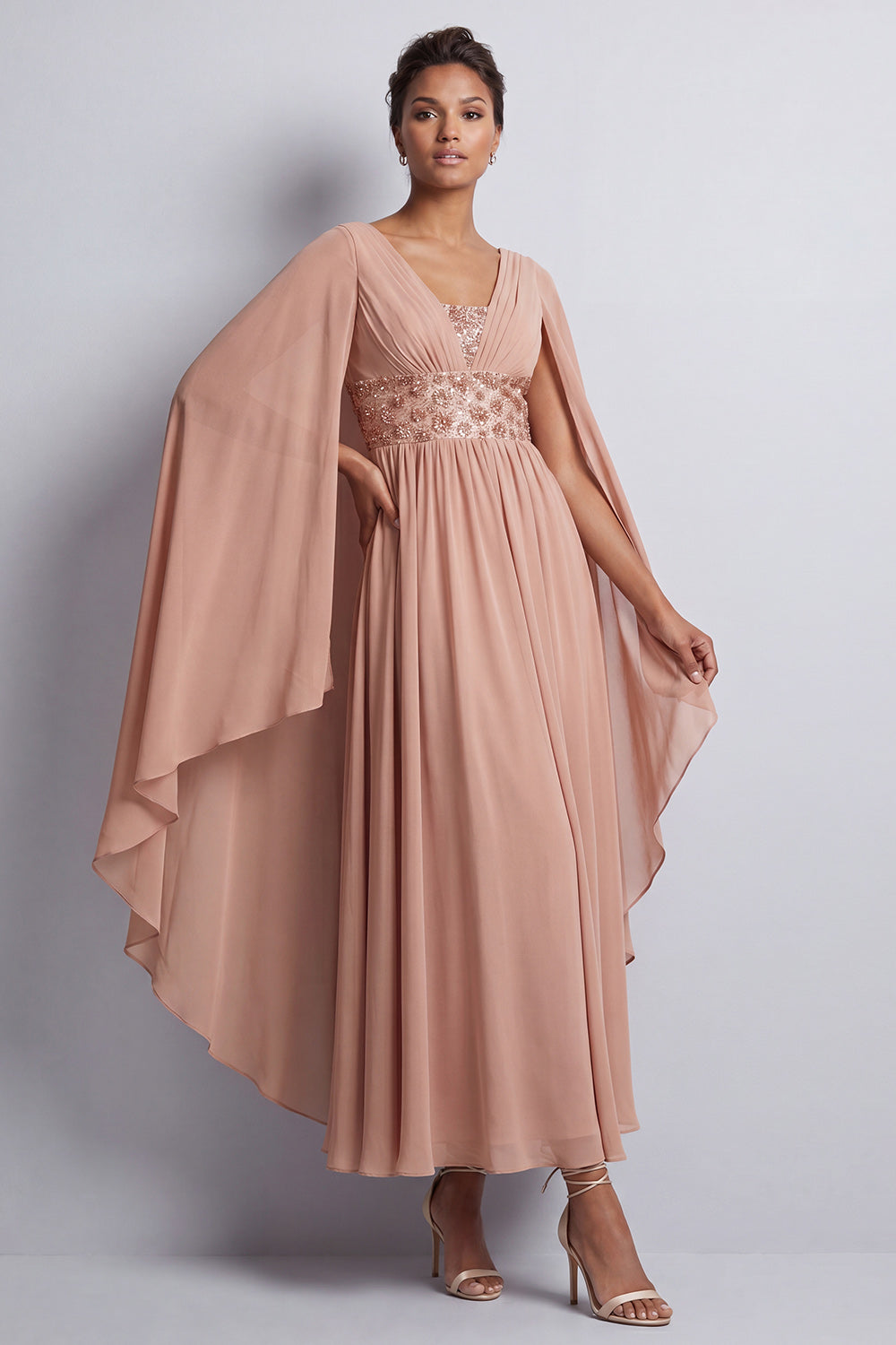 Beaded Long Sparkly Pink A Line V-Neck Mother of the Bride Dress with Cape