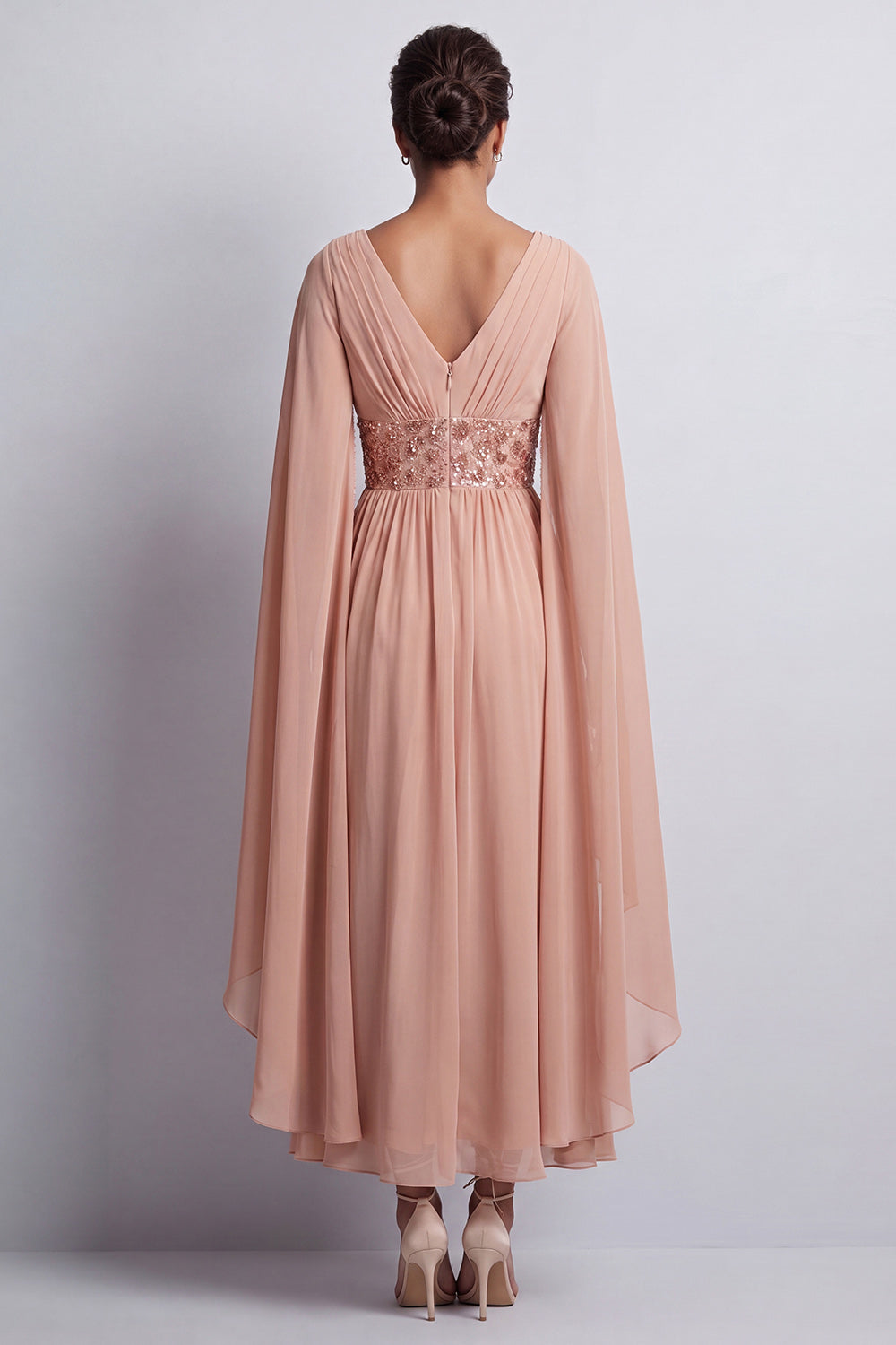 Beaded Long Sparkly Pink A Line V-Neck Mother of the Bride Dress with Cape