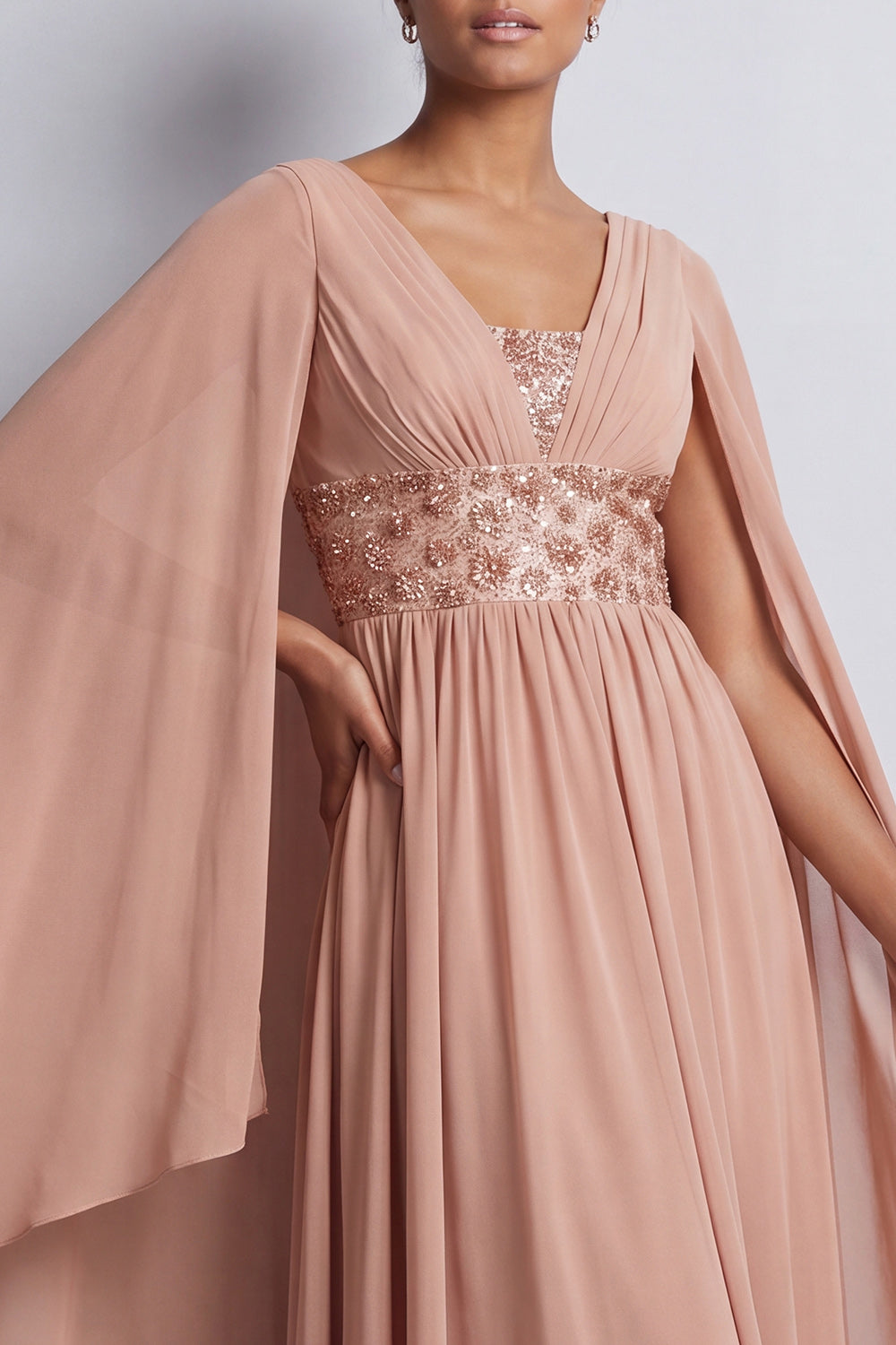 Beaded Long Sparkly Pink A Line V-Neck Mother of the Bride Dress with Cape