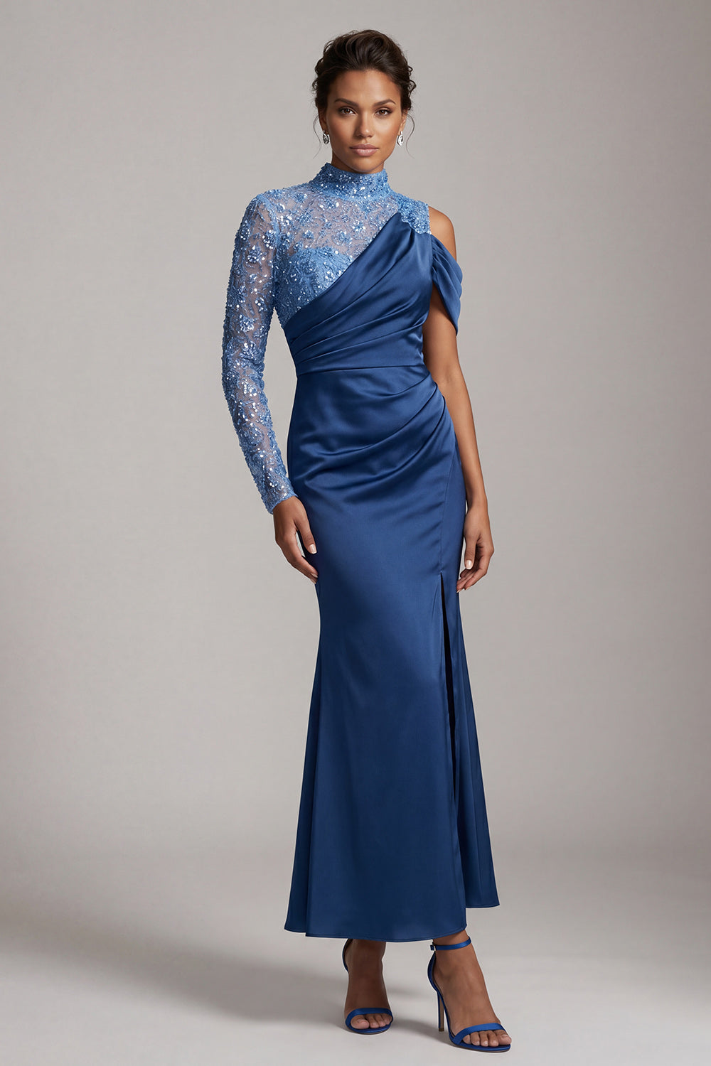 Beaded Sparkly Champagne Mermaid Long Mother of the Bride Dress with Slit