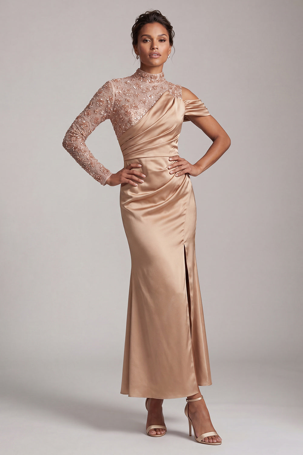 Beaded Sparkly Champagne Mermaid Long Mother of the Bride Dress with Slit