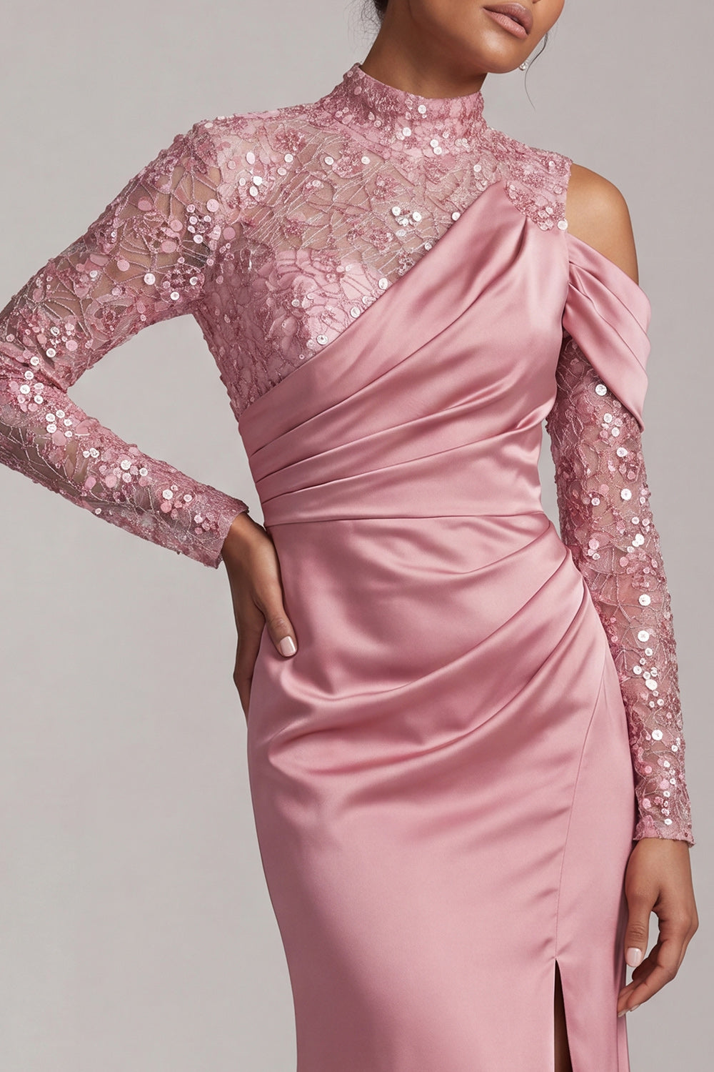 Beaded Sparkly Champagne Mermaid Long Mother of the Bride Dress with Slit