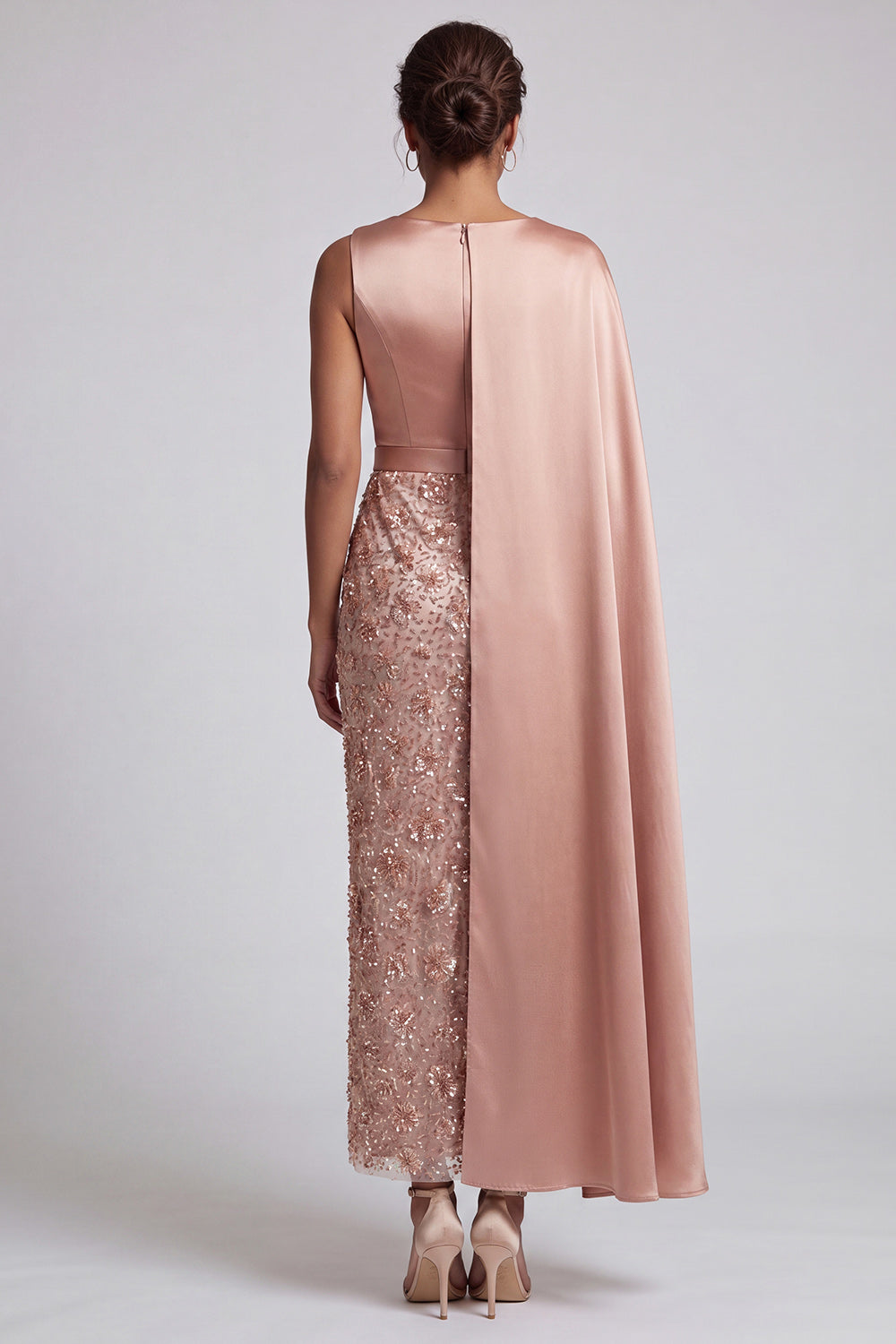 Sheath Long Sparkly Dusty Rose Sequin Mother of the Bride Dress with Side Cape