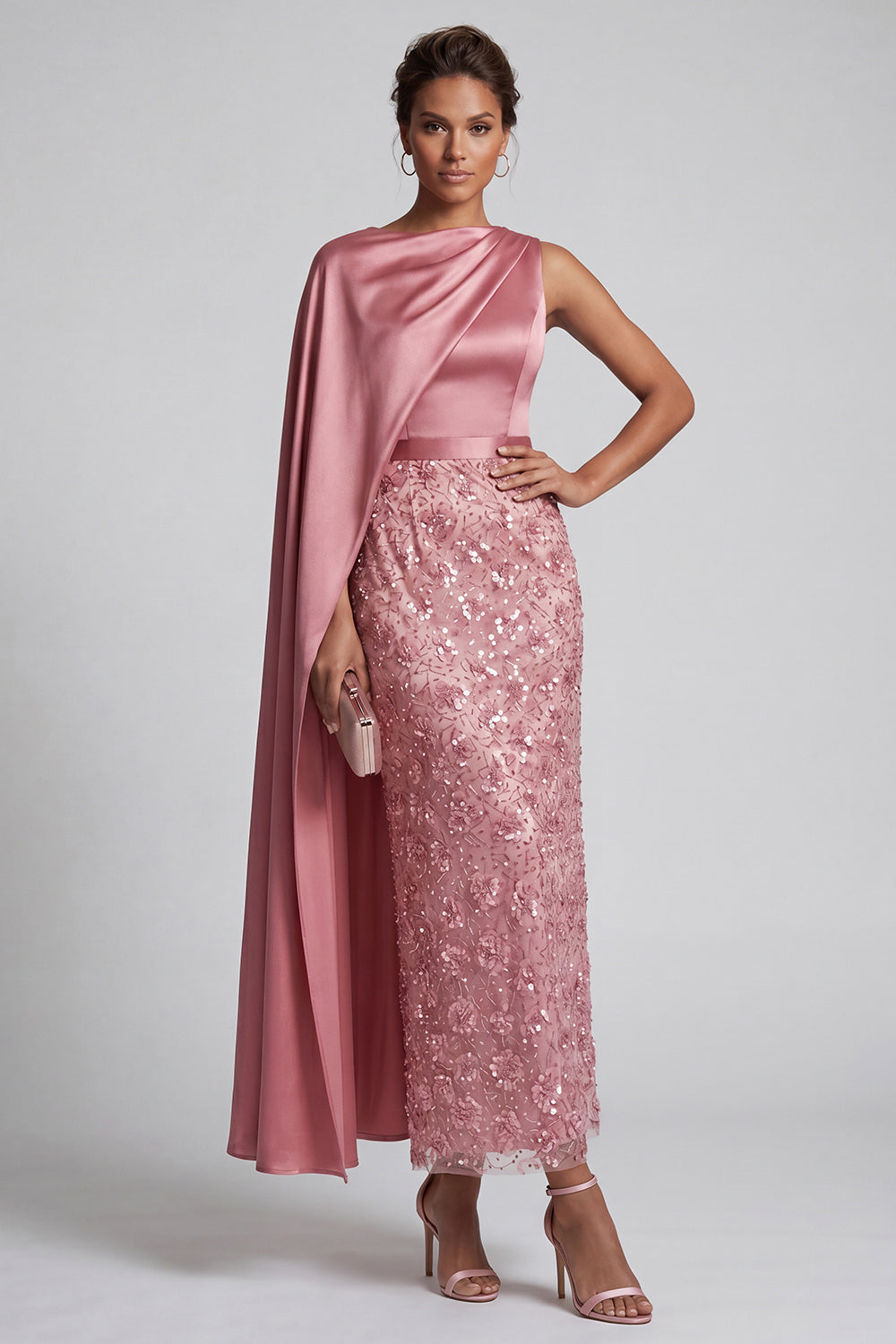 Sheath Long Sparkly Dusty Rose Sequin Mother of the Bride Dress with Side Cape