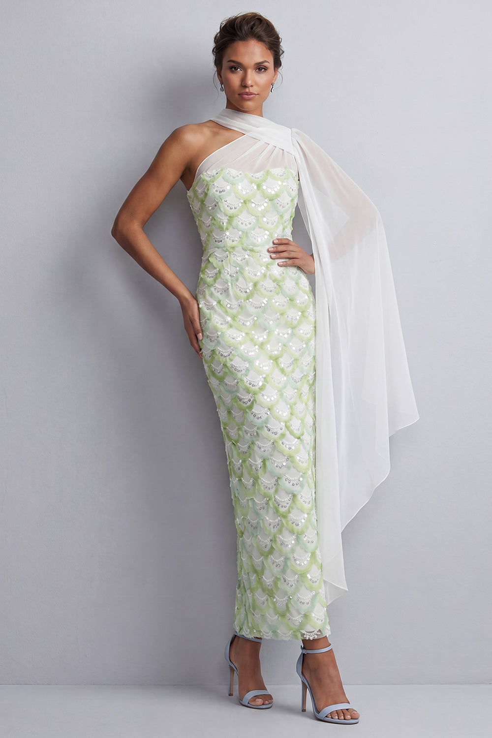 Long Sparkly Light Green Sheath Sequin Mother of the Bride Dress with Side Cape