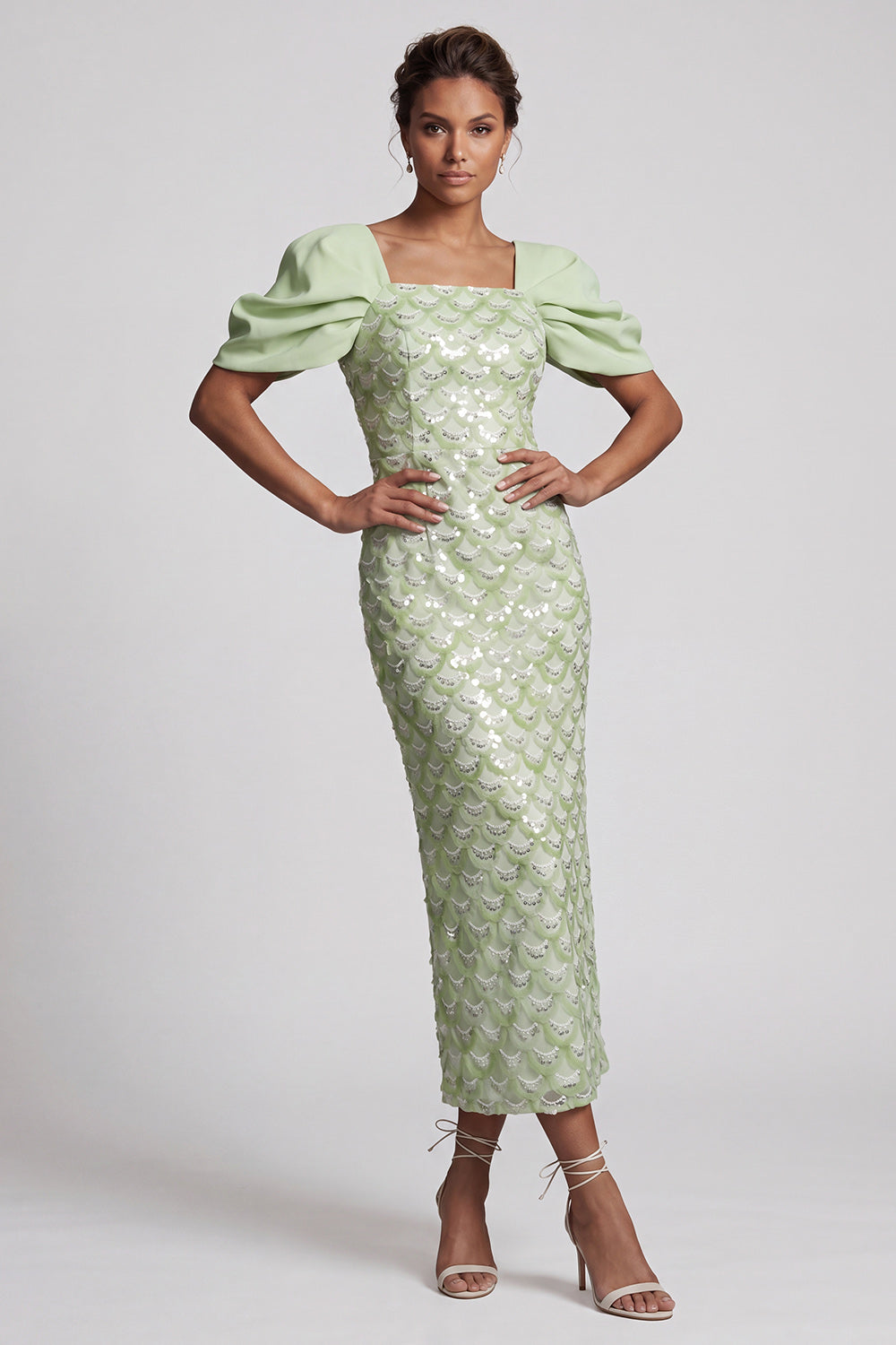 Long Sheath Sequin Sparkly Light Green Mother of the Bride Dress with Slit