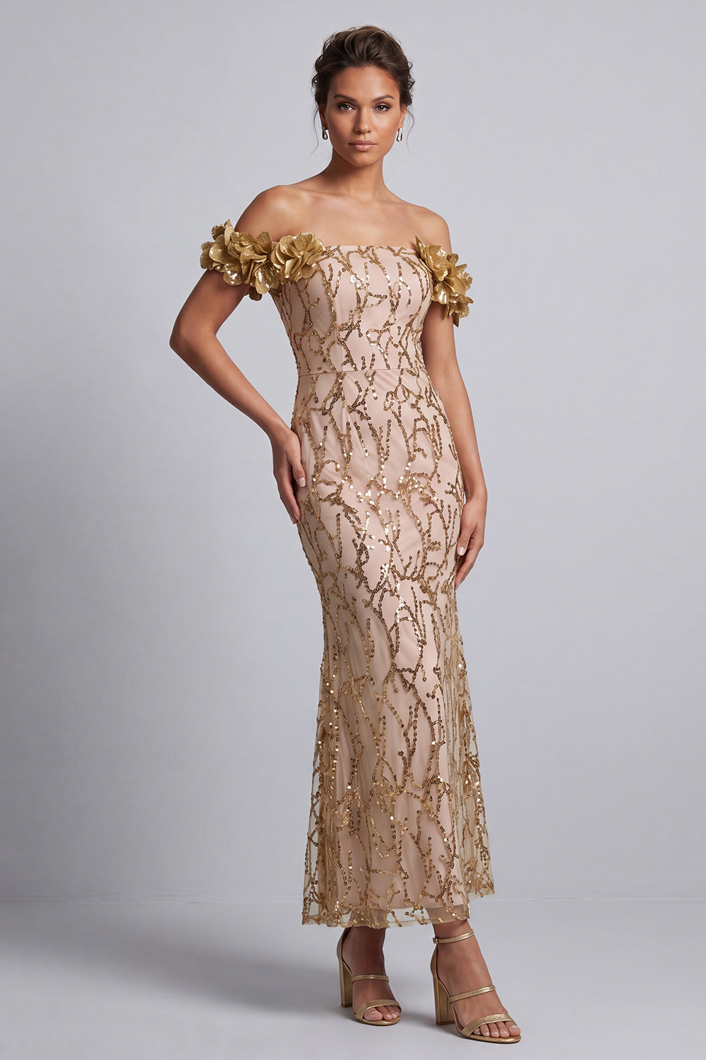 Long Sparkly Pink Sequin Mermaid Mother of the Bride Dress with 3D Flowers