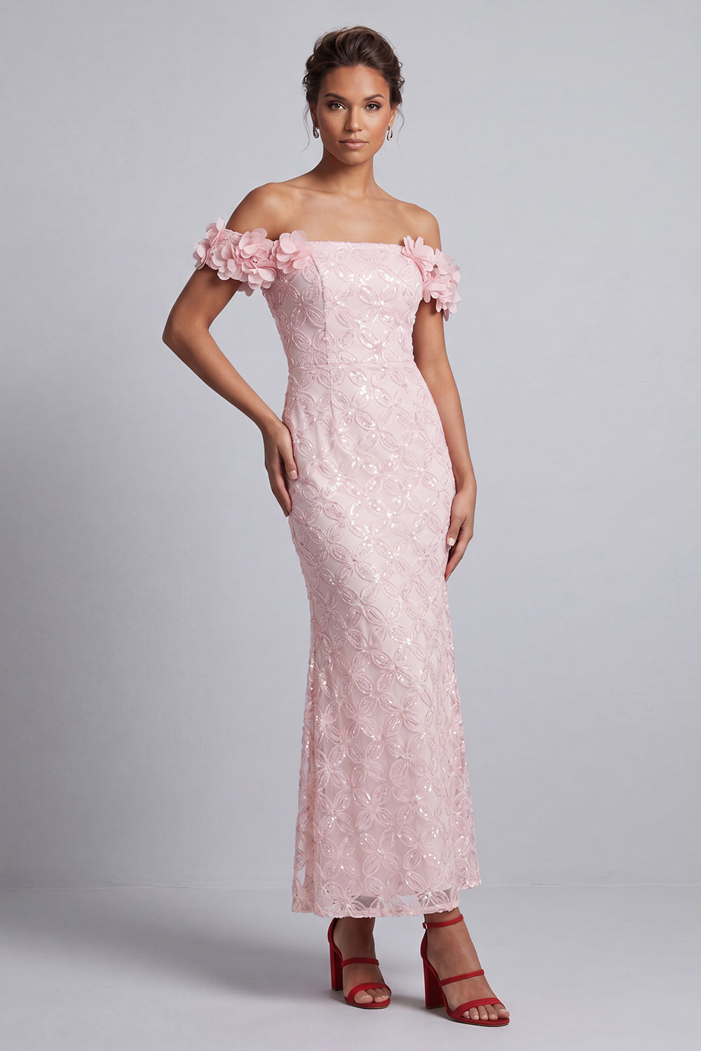 Long Sparkly Pink Sequin Mermaid Mother of the Bride Dress with 3D Flowers