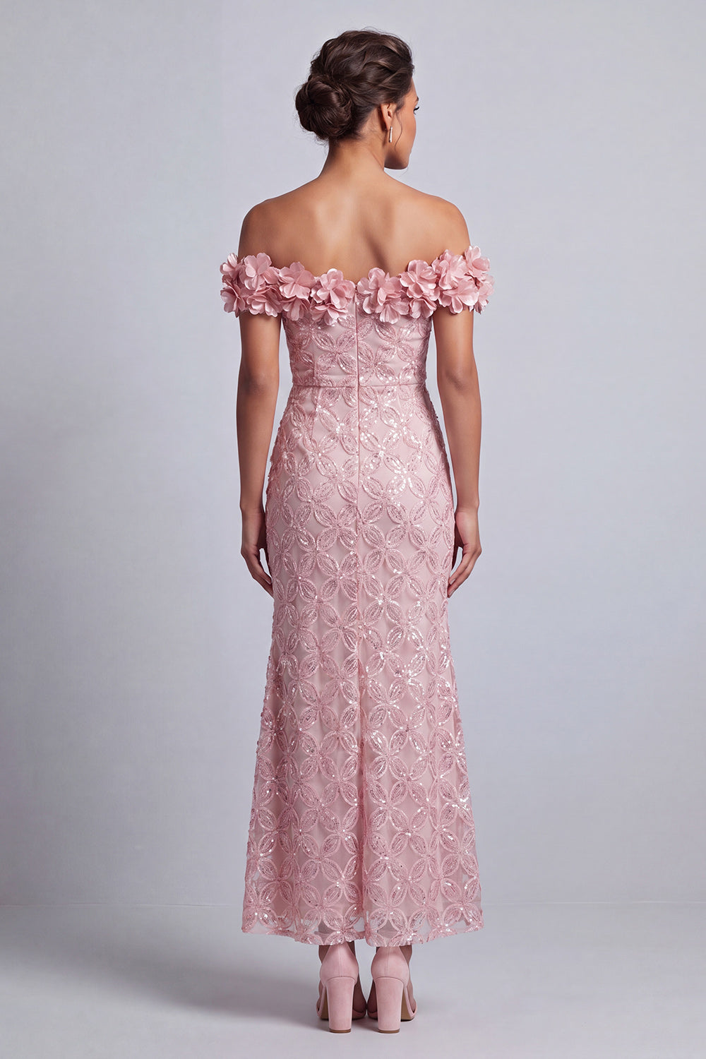 Long Sparkly Pink Sequin Mermaid Mother of the Bride Dress with 3D Flowers