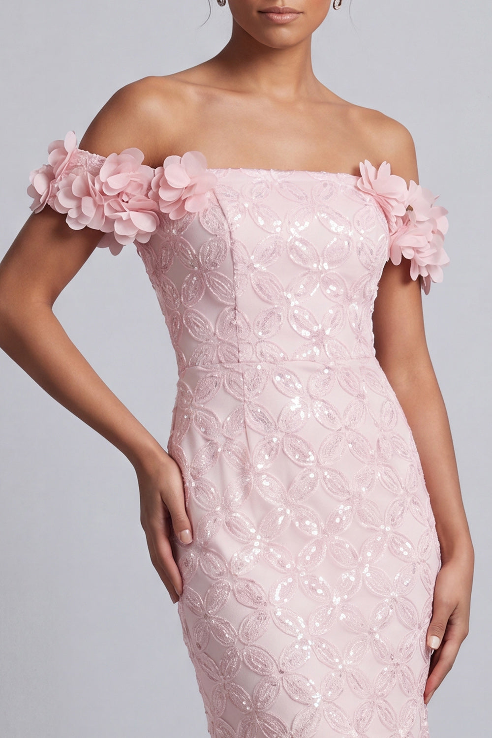 Long Sparkly Pink Sequin Mermaid Mother of the Bride Dress with 3D Flowers