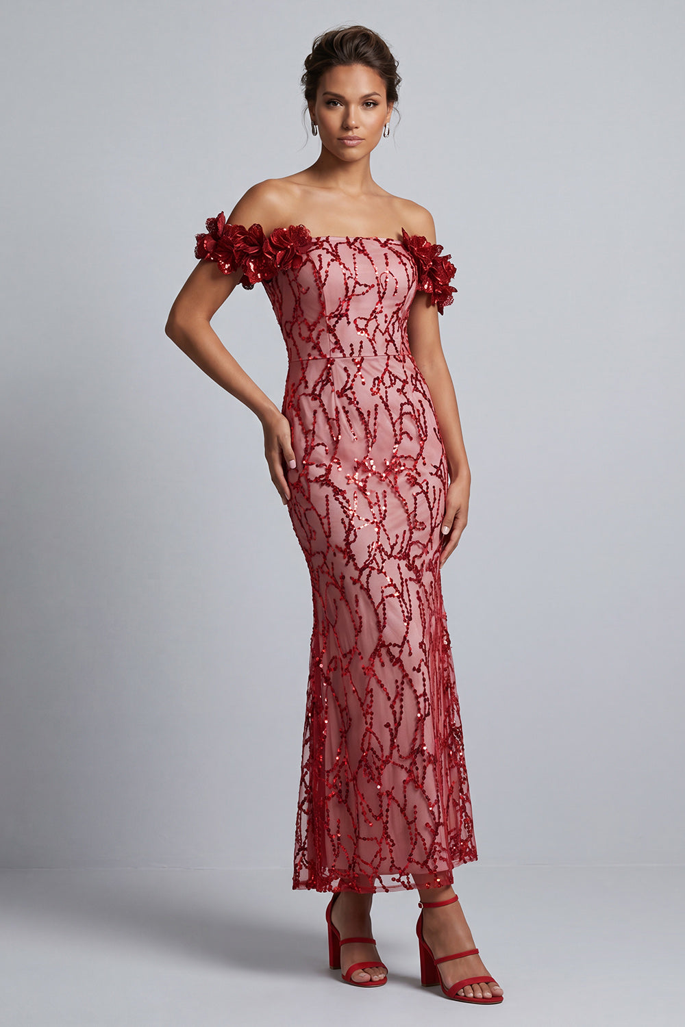 Long Sparkly Pink Sequin Mermaid Mother of the Bride Dress with 3D Flowers